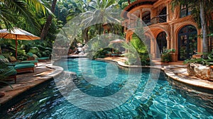 Pool Surrounded by Palm Trees Next to House