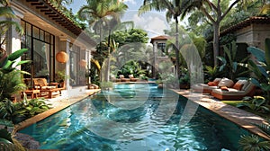 Pool Surrounded by Palm Trees Next to House