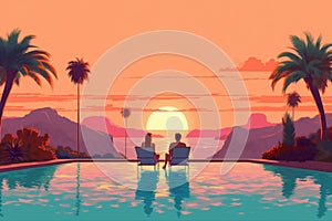 pool swimming relax back couple honeymoon travel sunset vacation romantic. Generative AI.