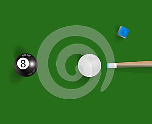 Pool table background with white and black pool ball, chalk and