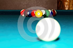 Pool Table With Balls Racked Up For Break