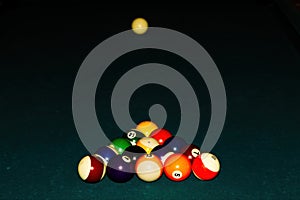 Pool Table With Balls Racked Up Ready For Break