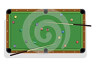 Pool table, billiard stick and billiard balls for game. Pool table with colorful balls and cua top view.