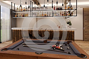 pool table with counter bar in relax room, 3d rendering