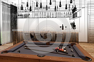 pool table with counter bar in relax room, 3d rendering