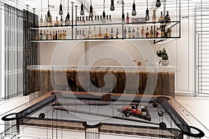 pool table with counter bar in relax room, 3d rendering
