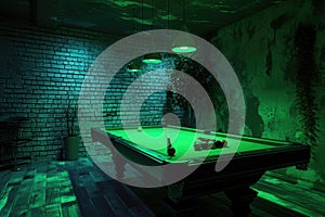 Pool table in a dark basement