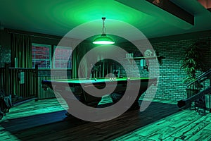 Pool table in a dark basement
