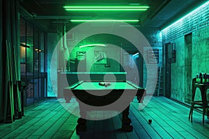 Pool table in a dark basement