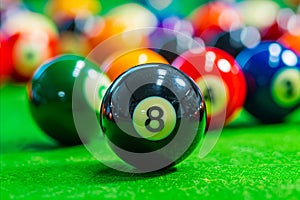 A pool table with eight balls on the green