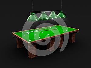 Pool table with light, billiard balls and cues