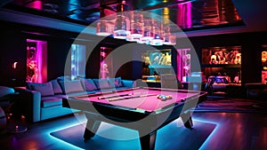 A pool table lit up by numerous bright lights, creating an engaging atmosphere for billiards and other cue sports, Games room