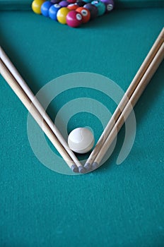 Pool table, sticks and balls