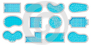 Pool top view. Swimming pools different shapes cartoon style, luxury exterior poolside with water texture tile, summer