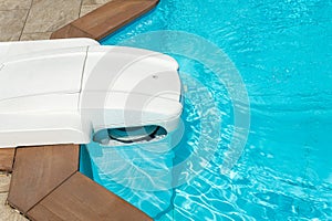 Pool water filtration system. Pure water. white filter for pool water. View from above