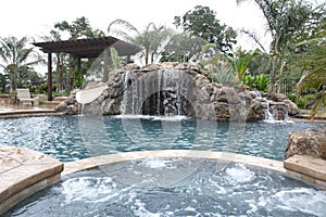 A pool with a waterfall in a luxury backyard