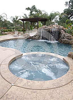 A pool with a waterfall in a luxury backyard