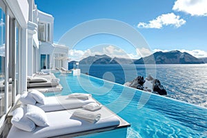 A pool with white chaise lounges and a view of the ocean, AI