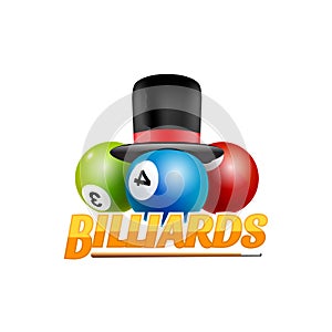 Poolroom billiards game logo icon. Billiards club template emblem design