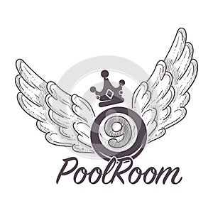 Poolroom logo with crown and wings monochrome sketch outline