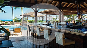 Poolside bar serving drinks with elegant seating and ocean breeze photo