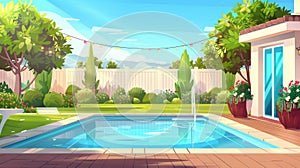 Poolside garden with green trees and lawn, white fence, garland lights, sunny day in summer villa with wooden patio