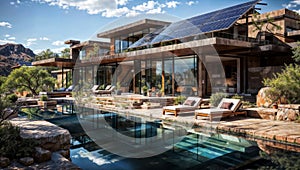 Poolside Modernity: Stylish House with Solar Panels., generative ai