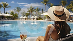 Poolside Poise - A Lady, Her Hat, and a Cosmopolitan Cocktail. Generative AI