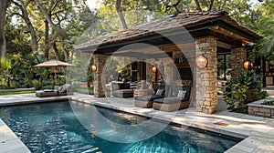 poolside relaxation, the perfect spot for poolside relaxation a cabana with comfy chairs, a straw umbrella, an ideal