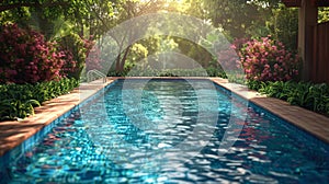 poolside summer fun, the sun glistening on the swimming pool beckons all to dive in and escape the heat, offering a photo