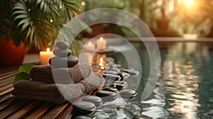 Poolside Zen Stones and Candles at Sunset