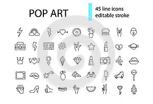 Poop art outline icons set. Retro 1960s design. Female lips, heart and roller skates. Isolated vector stock illustration