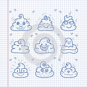 Poop emoji face icons, signs, cartoon shit. Smiling poop faces, Unique hand drawn style, Vector illustration
