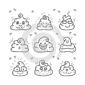 Poop emoji face icons, signs, cartoon shit. Unique hand drawn style, smiling poop faces, Vector illustration