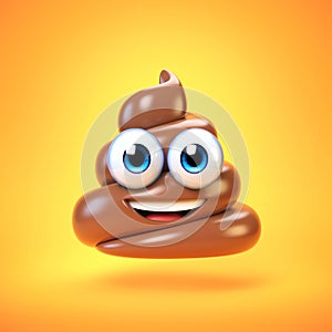 Poop emoji isolated on yellow background, poo emoticon 3d rendering photo