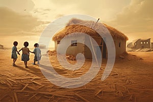 Poor African children in front of a hut in an African village. October 17 is the International Day for the Eradication of Poverty