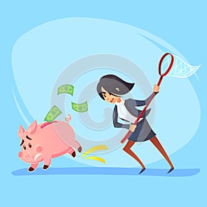 Poor bankrupt businesswoman office worker character running chase piggy bank with net. Financial crisis problems flat cartoon illu