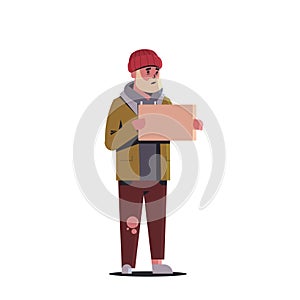 Poor bearded man begging for help beggar guy holding sign board homeless jobless concept white background horizontal