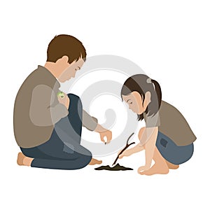 Poor Boy and Girl planting an apple seed in the ground. Friends. Isolated Vector Illustration
