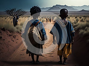 poor child travelers on an arduous path in the African desert photo