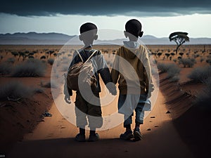 Poor children hand in hand across the inhospitable African desert