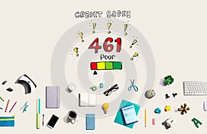 Poor credit score theme with electronic gadgets and office supplies