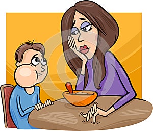 Poor eater boy with mum cartoon