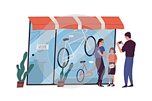 Poor family have no money to buy bike to child vector flat illustration. Sad father looking at empty wallet standing