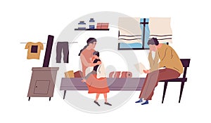 Poor family have no money to pay bills vector flat illustration. Miserable jobless father holding receipt worrying about