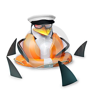 Poor floating sailor penguin in sailors hat is floating amidst a shoal of sharks, 3d illustration photo