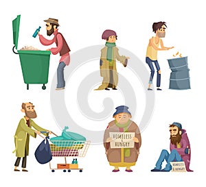 Poor and homeless adults people. Vector characters set