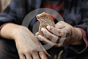 Poor homeless child with piece of bread outdoors