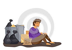 A poor, homeless man sits on the floor near a trash can. need help from fellow human beings together flat style cartoon vector