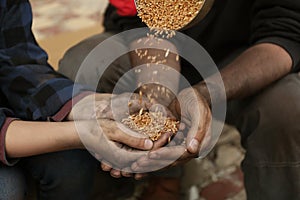 Poor homeless people taking wheat from donator, closeup photo